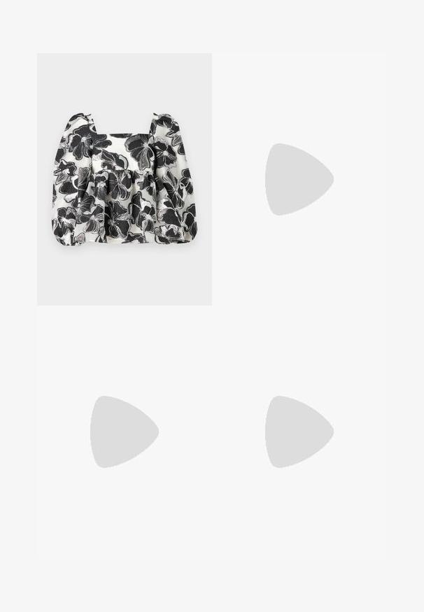 Black and white floral blouse with puffed sleeves, square neckline, textured fabric, and metallic thread accents, creating a layered appearance.; Denim skirt with a color-block design featuring dark blue on one side and light blue on the other, with a button fastening and pockets.; Stuart Weitzman POWER 75 - High heels - black; Black leather crossbody bag with two front pockets, gold buckles, zipper closure, and a slim strap. Textured surface and compact rectangular shape.