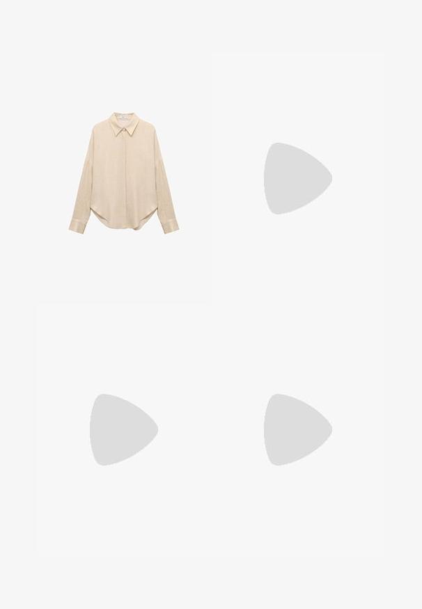 Camicia beige a maniche lunghe con colletto a punta, vestibilità ampia e orlo arrotondato. Realizzata in un tessuto leggero e texturizzato. Chiusura frontale e polsini con bottoni.; Gonna beige a lunghezza del ginocchio realizzata in tessuto morbido, caratterizzata da un design arricciato in vita e una fessura laterale per maggiore movimento e stile.; Sandalo in pelle marrone con fasce incrociate, suola piatta e una texture liscia. Design semplice senza decorazioni o motivi.; Borsa a tracolla in pelle marrone con motivo logo, tracolla in catena dorata, chiusura con zip e dettagli in metallo dorato. Forma compatta e rettangolare.
