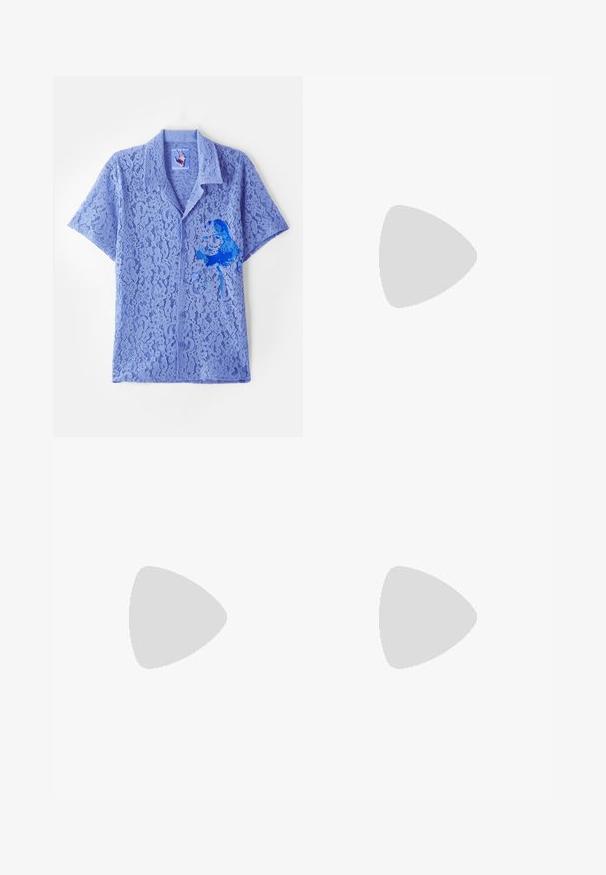 Kidsuper GIRL PAINTING - Shirt - blue; Navy shorts with a textured pattern, elastic waistband, and drawstring closure. Features a relaxed fit and above-the-knee length.; Blue suede sneaker with white stripes and “Gazelle” text. Features gum rubber sole and textured accents on the upper. Classic design.; Black plastic sunglasses with green lenses, square frames, silver accent on the brow, and textured temple arms. Stated brand on inner arm.