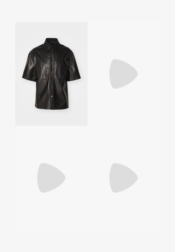 Black leather short-sleeve shirt featuring a pointed collar, front buttons, and two large chest pockets with a smooth texture.; Black corduroy trousers with a straight leg design, featuring subtle vertical stripes and a standard waistband. No embellishments visible.; Black leather sneaker with a low profile, rounded toe, and lace-up closure; features a textured rubber sole and logo detail on the heel.; Black leather crossbody bag with a textured finish, flap closure, metal hardware, and a matching adjustable strap.