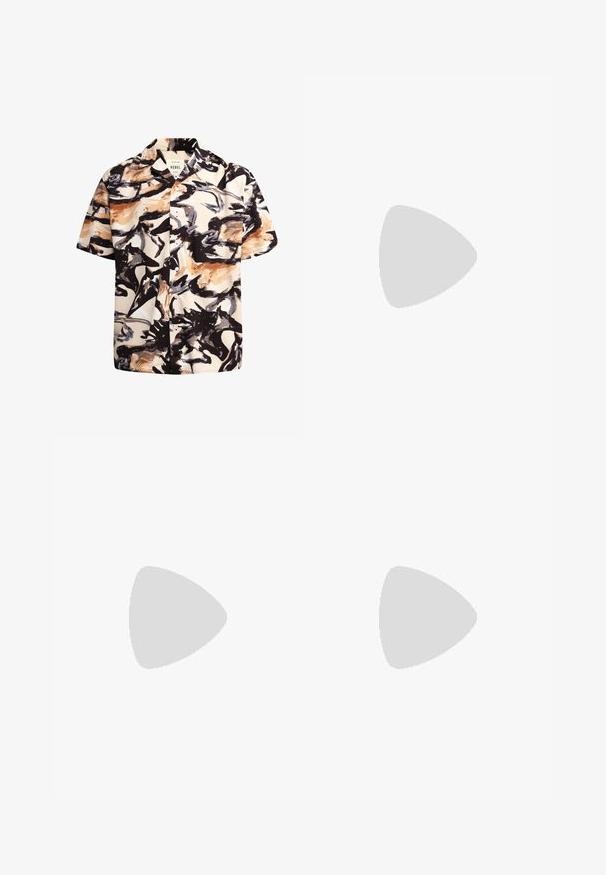 White cotton tank top with a crew neckline, wide shoulder straps, and minimal branding printed inside the collar. Soft texture, casual fit.; Short-sleeve shirt in light cream fabric with an abstract black, brown, and blue pattern. Features a button-down front and open collar.; Denim shorts in light blue with a classic cut. Features five pockets, orange stitching accents, and raw-edge hems.; Black leather loafers with a smooth finish, rounded toe, and decorative stitching on the vamp. Low stacked heel and slight shine.
