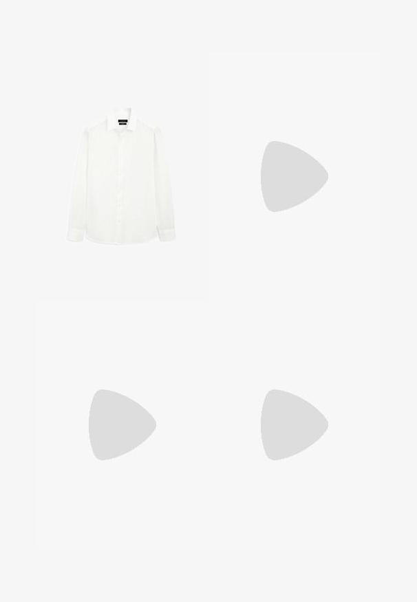 White long-sleeve shirt with a classic collar, button-down front, and straight-cut hem. Made from lightweight fabric with a smooth texture.; Gray tailored trousers featuring a subtle striped pattern, a front button closure, and a straight-leg design. No visible pockets.; White flip-flop featuring a minimalist design, made from soft rubber material, with a flat sole and a Y-shaped strap for support.; Black plastic sunglasses with green lenses, square frames, silver accent on the brow, and textured temple arms. Stated brand on inner arm.