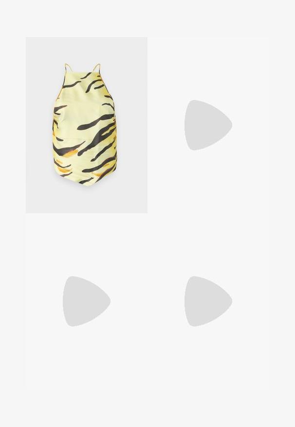 Yellow fabric top with a tiger stripe pattern in black and orange, featuring thin straps and a fitted design. Smooth texture, no visible hardware.; Nanushka BRENDA - Trousers - yellow; Black leather ballet flat with a rounded toe, smooth texture, minimal stitching detail, and a flexible sole design.; Nanushka JEN - Handbag - black