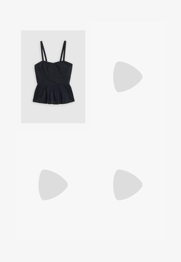 Black, sleeveless peplum top with thin straps, featuring a textured floral pattern and structured bodice, soft fabric, and flared hem.; Wide-leg blue denim jeans with a distressed design featuring frayed edges and faded sections, offering a relaxed fit and classic look.; Light blue slingback pump with a pointed toe, featuring a pink ruffle detail and light blue accents, set on a slender high heel.; Even&Odd BUCKLE - Cross body bag - black