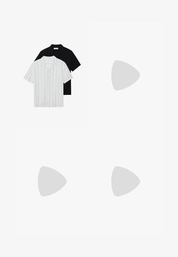 Kratek rokav, srajce na gumbe v beli barvi z bež črtami in enobarvno črno. Obe imata klasičen ovratnik in gladko teksturo tkanine.; Črna polo majica s kratkimi rokavi iz strukturirane rebraste tkanine, z V-izrezom in ravnim robom. Brez vidnih logotipov ali vzorcev.; Cvečne hlače iz lahkega materiala, z vzorcem rož v roza, rdeči in rjavi barvi ter zelenim listjem, ravnega kroja in srednjega pasu.; Črne usnjene natikače z gladkim zgornjim delom, prišitimi detajli, zaobljenim nosom in nizkim gumijastim petkom. Podplat ima minimalen profil.