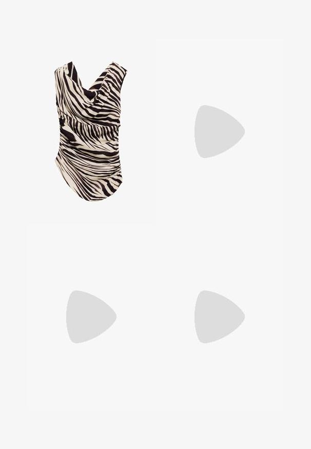 Zebra-striped sleeveless top in cream and black. Features draped neckline and gathered side detail. Made of lightweight fabric.; White wide-leg trousers made from a light fabric, featuring a flat front, pleats, and a waistband, offering a loose, airy fit.; flip*flop WEAVE HI - Mules - vanilla; Victoria Hyde NYMANS GARDEN - Handbag - rosa; Clear and amber resin rings, one smooth and transparent, the other with a textured, amber finish. Both feature rounded, chunky designs.
