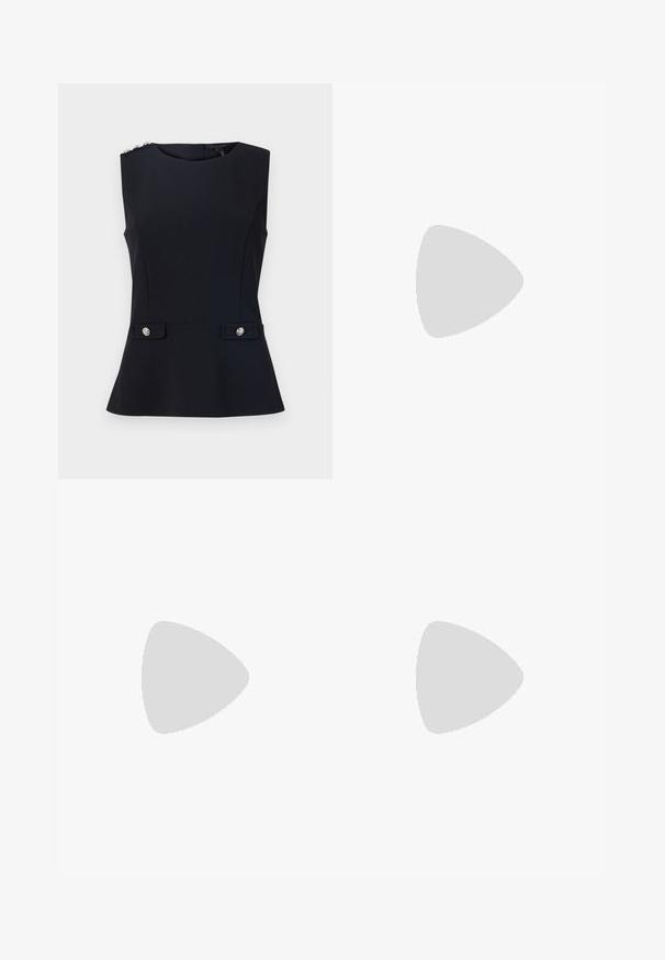 Top senza maniche nero con un design aderente, orlo svasato, dettagli con bottoni argentati in vita e decorazioni sulle spalle. Tessuto dalla texture liscia.; Pantaloni neri con un design a gamba dritta, caratterizzati da un accento in catena dorata in vita. Realizzati in tessuto liscia con una vestibilità su misura.; Scarpa slingback nera in pelle con punta affusolata, tacco sottile e dettagli in metallo dorato sulla tomaia. Texture liscia e design strutturato.; Mini borsa a tracolla nera in paillettes con una tracolla texturizzata annodata e catena argentata. Forma rotonda con parte superiore arricciata e dettagli riflettenti.