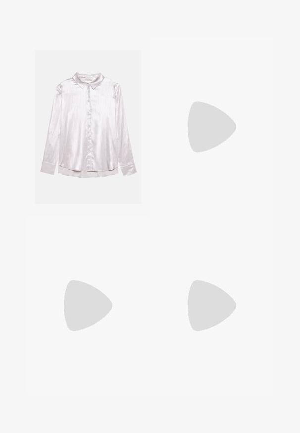 Light silver long-sleeve shirt with a smooth, textured finish, button closure, and classic collar; features a slightly curved hem.; Black wide-leg pants with vertical white pinstripes, featuring an elastic waistband and a textured fabric for a smooth finish.; Black strappy sandal with a square toe and a low block heel. Features multiple thin straps and an adjustable ankle strap. Made of smooth leather.; Black leather crossbody bag featuring a smooth texture, rectangular shape, and a metallic chain detail on the front. Adjustable strap included.
