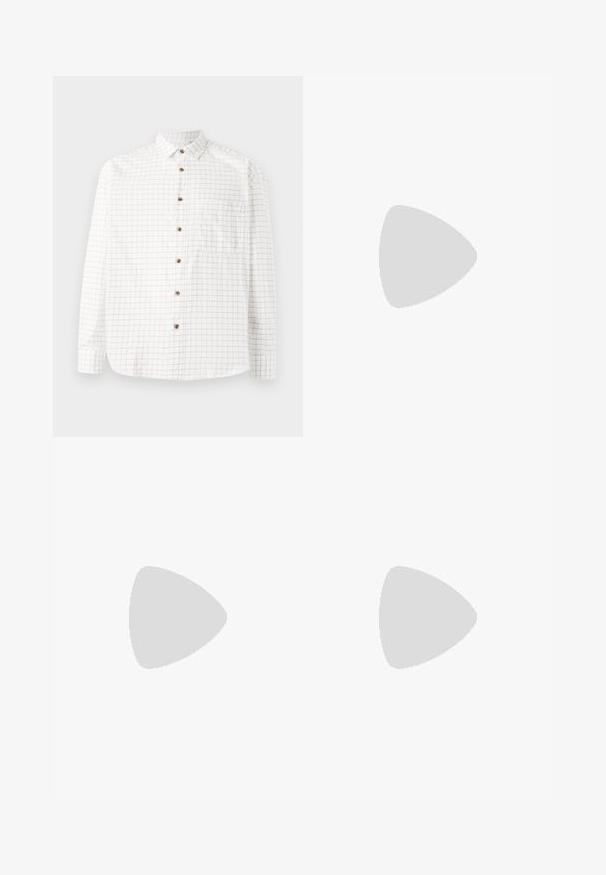 White button-up shirt with a grid pattern in navy, featuring a chest pocket, rounded hem, and wooden buttons. Lightweight fabric.; Wide-leg trousers in olive green, made from soft fabric with an elastic waistband and adjustable drawstring. Features two side pockets.; Beige athletic shoe featuring a textured mesh upper, subtle gray accents, and a padded tongue. Rounded, cushioned sole design for comfort.; Emporio Armani Sunglasses - shiny transparent grey