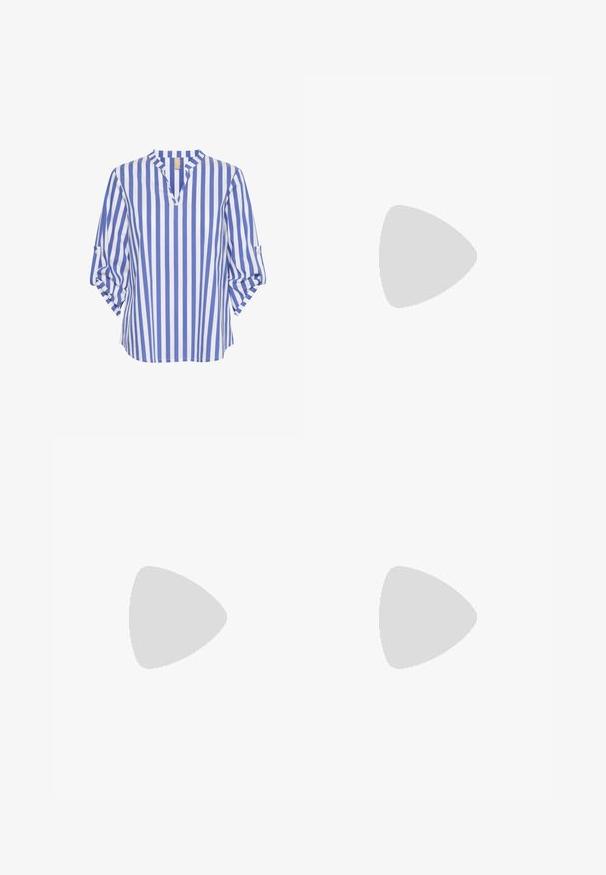 Blue and white striped shirt with a V-neck, 3/4 sleeves, and buttoned cuffs. Made of lightweight fabric with a smooth texture.; Beige ribbed crop top with wide straps, a round neckline, and a fitted waist. The texture is smooth, with a stretchy, lightweight fabric.; Dark green ribbed leggings with a high waistband, tapered legs, and a soft texture, designed for comfort and flexibility in movement.; Stradivarius WITH CONTRASTING PIECES - Trainers - white