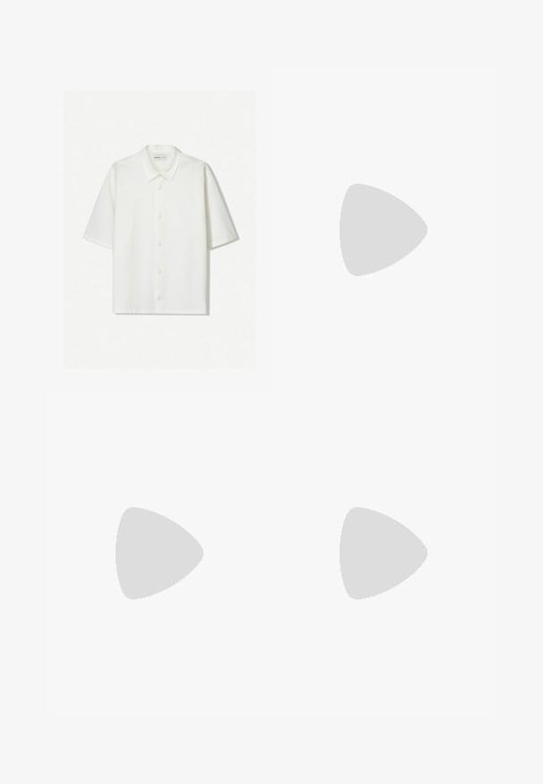 White short-sleeve shirt made from textured fabric. Features a collared neckline and buttons down the front. Simple, clean design.; Black shorts made of fabric with a smooth texture, featuring pleats, a button closure, and a cuffed hem for a structured appearance.; Black sandals with two adjustable straps, made of synthetic material. Features textured footbed and durable rubber sole with grip.; Oval sunglasses with light blue gradient lenses, gold metal frame, and brown acetate arms. Features small detailing on the frame sides.