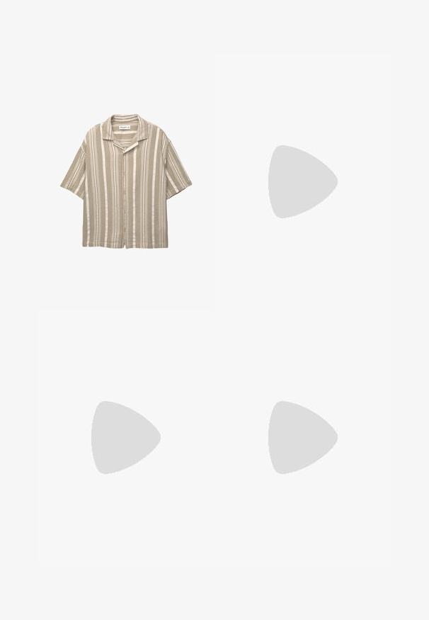 Lyhythihainen nappipaita, jossa on beige ja kerma raidallinen kuvio. Kangas näyttää teksturoidulta, ja siinä on kauluspaita sekä väljä malli.; Harmaat farkkushortsit suoran leikkauksen kanssa, joissa on etutaskut, nappisuljenta ja klassinen viiden taskun muotoilu.; Urheilukengät, joissa on valkoinen nahkainen päällinen, harmaa mokkanokka ja kolme mustaa raitaa. Ominaisuuksina sininen logo kielekkeessä ja kuvioitu kumipohja.; Mustat muoviset aurinkolasit, joissa on vihreät linssit, neliönmuotoiset kehykset, hopeinen yksityiskohta kulmakarvojen kohdalla sekä tekstuuriset temppeleiden varret. Brändi ilmoitettu sisävarsissa.
