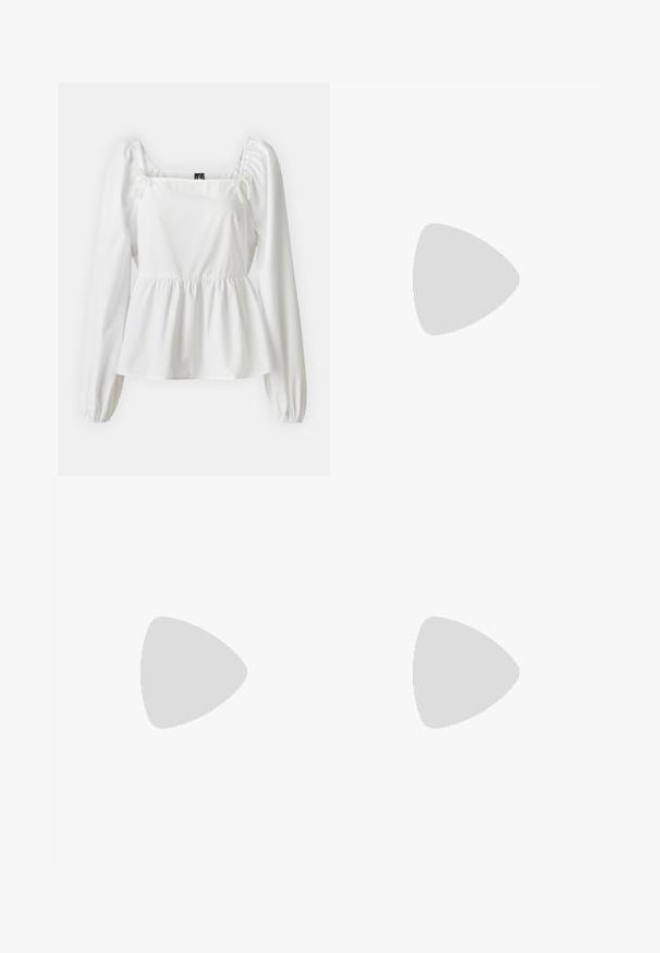 Baltā garo piedurkņu blūze ar kvadrātveida dekoltē, ar krokām piedurknēm un peplum maliņu. Satur pērļu akcentus uz plecu saitēm. Gluda tekstūra.; Gaiši zaļi, platā kājā bikses, izgatavotas no mīkstas auduma, ar elastīgu jostu un smalku faktūru, paredzētas komfortam un brīvai kustībai.; Navy zilo apavi ar strukturētu auduma augšdaļu, baltu platformas zoli, noapaļotu pirkstu daļu un melnu papēža akcentu. Iekļautas sešas acs caurumi šnuķēšanai.; Melnas ādas rokassoma ar izliekta formu, noņemamu siksnu un zelta aksesuāriem. Somai ir vāciņš ar sprādzes detaļu.
