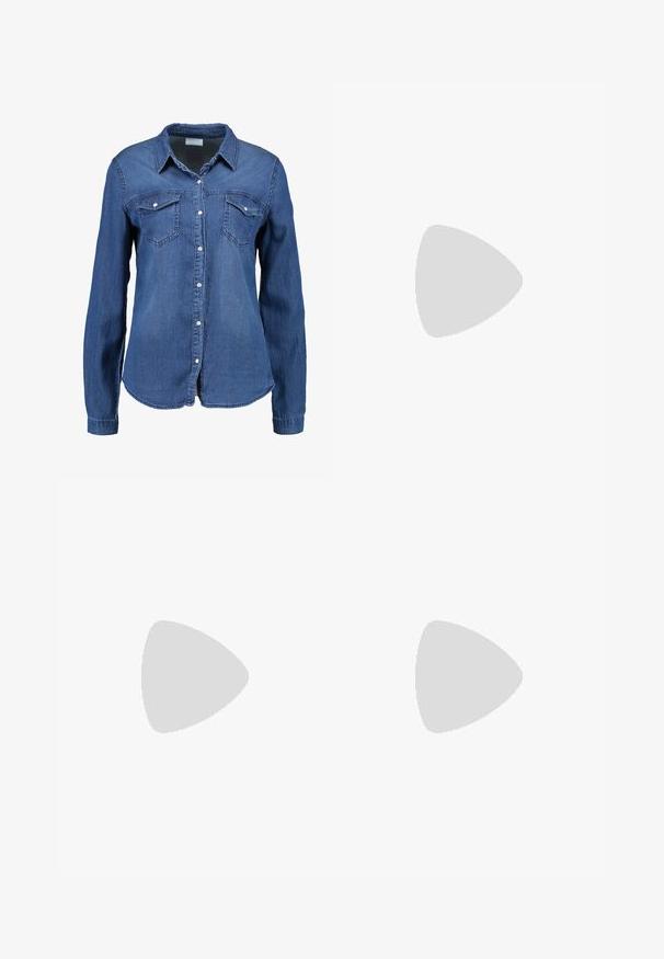 Camisa de denim en azul medio con mangas largas, frontal abotonado, cuello puntiagudo y dos bolsillos en el pecho. Textura suave con corte estándar.; Jeans de mezclilla azul acampanados con un lavado medio, que presentan una cintura alta, trabillas para cinturón y bolsillos frontales. Textura suave con un desgaste mínimo.; Mocasín de cuero negro de tacón bajo con punta redondeada, tira decorativa y acento metálico. Suela texturizada y diseño sin costuras.; Gafas de sol redondas con tinte marrón y un marco burdeos brillante. Patillas delgadas con un sutil detalle de marca. Diseño de lentes planos.