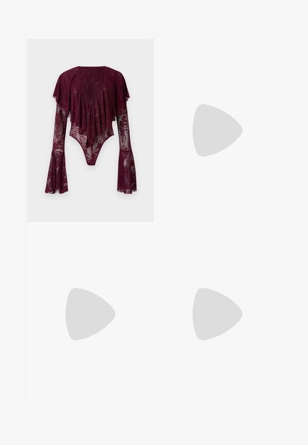 Burgundy lace bodysuit with flutter sleeves, featuring floral patterns, plunging neckline, and sheer texture. Snap closure at the bottom.; Black wide-leg trousers with a high waist, featuring front pleats, a smooth texture, and a tailored finish. Designed for a relaxed fit.; Black patent leather slingback pump with pointed toe, slim heel, and a subtle cutout design. Features a gold buckle on the strap.; Black leather bucket bag with a textured finish, gold hardware accents, and an open top. Features a short handle and adjustable shoulder strap.
