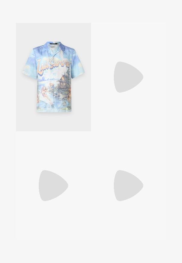 Short-sleeve button-up shirt featuring a blue and pastel landscape print with "Last Summer" text, depicting water and a cabin.; White cotton t-shirt featuring a bubble-style blue graphic text that reads "BARROW CHAMP" centered on the front. Short sleeves, crew neck.; Dark blue denim jeans with a straight-leg design, featuring a patterned belt with metal eyelets and a matching belt loop.; White leather sneaker with a smooth finish, round toe, flat laces, and a textured sole. Features a subtle logo on the heel.