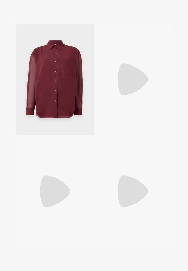 Burgundy button-up shirt with a pointed collar, long sheer sleeves, a chest pocket, and silver-tone buttons. Smooth fabric texture.; Black wide-leg trousers made from a smooth fabric, featuring a plain design and elastic waistband, with no visible patterns or accents.; Black leather heeled sandal with a square toe, ankle strap featuring a gold buckle, and a slender metallic heel. Smooth texture, minimalist design.; White clutch bag with a textured, quilted design. Features a thin, removable strap and a silver-tone hardware accent at the front.