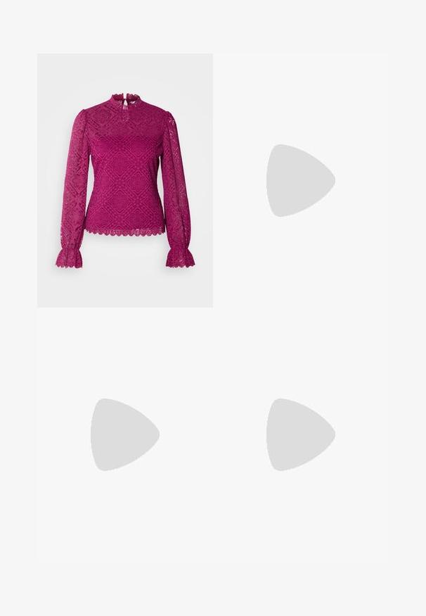 Morgan TYRIA - Bluse - orchidee; Sorte bukser med bred benvidde, glat tekstur, høj talje og et enkelt design. Ingen synlige lommer eller udsmykninger.; Tan læder cowboystøvle med spids tå, broderede svirvelmønstre på skaftet og en stablet blokhæl. Har en træksløjfe for nem af/på.; Brune, rektangulære briller med gennemsigtige linser og lilla nuancer. Glat plastisk stel med lige tempelstænger og diskrete detaljer.; Gul hoop ørestikker med en struktureret, uregelmæssig form. Har en sømløs lukning og en poleret overfladefinish, der fremhæver et moderne design.