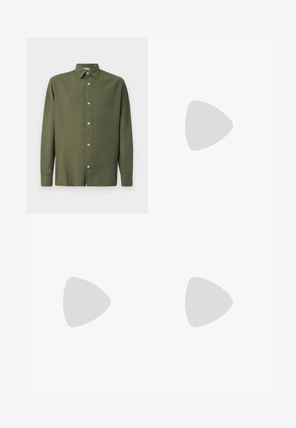 Olive green long-sleeve shirt made of textured fabric. Features a button-up front and a classic collar, with five buttons down the placket.; White long-sleeved T-shirt made of cotton. Crew neck design with ribbed cuffs and a small logo on the left sleeve. Smooth texture.; Light green, relaxed-fit pants with a smooth texture, featuring side pockets and visible stitching details. Full-length with a straight leg design.; Black leather loafers featuring a smooth finish, stitched detailing across the vamp, and a slightly raised heel.