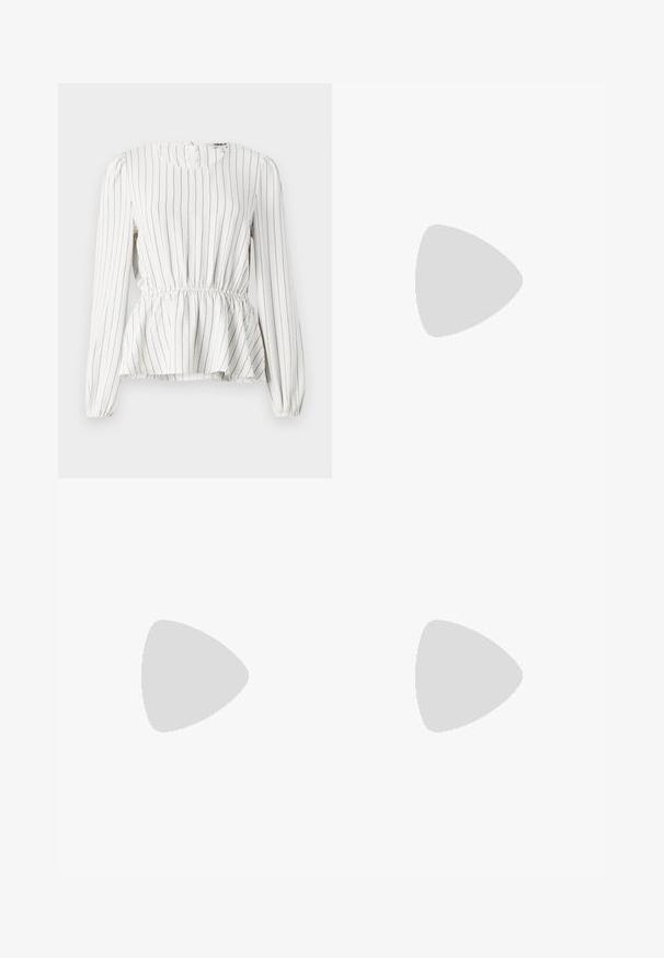 Valge pika varrukaga pluus, millel on vertikaalsed mustad triibud, kogutud vöökoht, ümmargune kaelus ja elastsed mansetid. Kerge kangas pehme tekstuuriga.; Valged triibulised püksid, sirgete jalgade disainiga, valmistatud kergest kangast. Ees on voldid ja traditsiooniline talje.; Valged kõrge kontsaga sandaalid, millel on paks konts ja rihmadega disain koos pahkluu sidumisega. Sile tekstuur ja platvorm ees, et lisada kõrgust.; Valge sünteetilisest materjalist kott kolmnurkse kujuga, lame esiklapiga ja kaaredetailiga, reguleeritava rihmaga, sileda tekstuuriga ja minimalistliku disainiga.