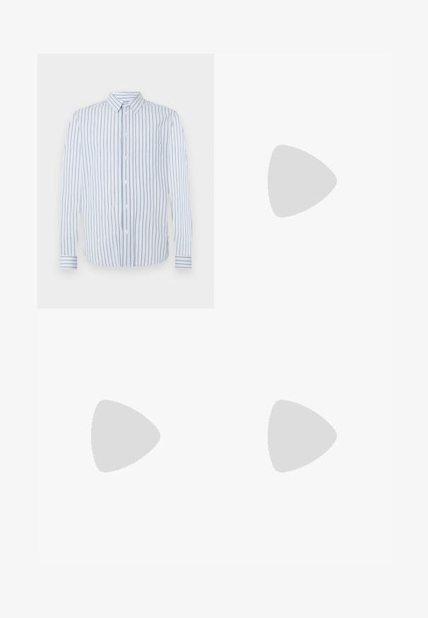 Striped shirt featuring vertical light blue and white stripes, button front, and a single chest pocket. Long sleeves with buttoned cuffs.; Light brown, pinstriped shorts with a straight cut. Features a front zipper, two side pockets, and a metal button closure.; White sneaker with a smooth leather upper and a low profile. Features a rounded toe, six eyelets, and a textured rubber sole.; Denim tote bag in dark blue with two vertical white "SAM SøE" text logos. Features wide handles and a simple, unstructured design.