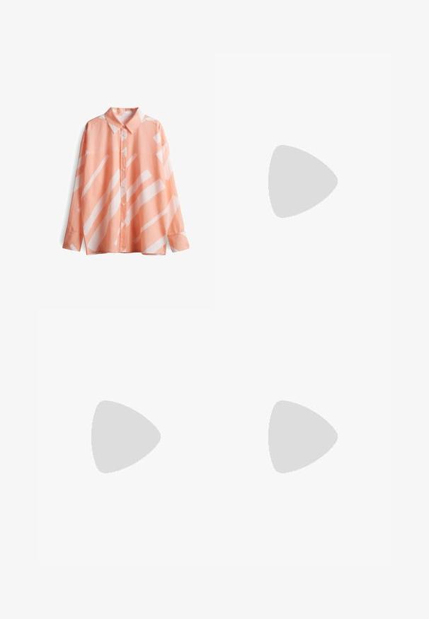 Camicia pesco con colletto, maniche lunghe e motivi geometrici bianchi. Tessuto morbido e leggero con una vestibilità rilassata.; Pantaloni ampi marroni con una texture liscia, caratterizzati da una vita alta e pieghe frontali. Il tessuto è leggero e scorre liberamente.; Sandal in pelle marrone con cinturini incrociati, chiusura con cinturino alla caviglia e suola piatta con dettagli di cucitura minimi.; Occhiali da sole tartaruga con lenti rettangolari, montatura spessa e lenti scure. Texture liscia e design minimalista.