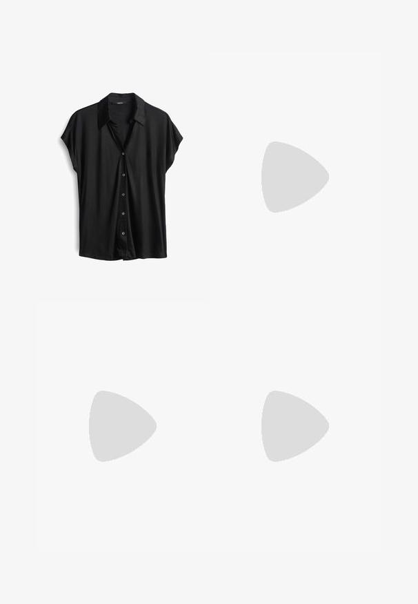 Camicia nera a maniche corte con bottoni e colletto, realizzata in tessuto liscio con una vestibilità rilassata e una leggera lucentezza. Chiusura con cinque bottoni.; Pantaloni larghi marroni realizzati in tessuto morbido, con vita elastica e cordoncino, e due tasche laterali.; Sneakers in suede marrone con strisce in pelle bianca, suola in gomma, punta rotonda e lacci. Presentano un logo sulla linguetta e dettagli perforati.; Borsa tote in pelle marrone con texture liscia, design con apertura superiore e due spallacci. Presenta cuciture minime e nessun hardware visibile.
