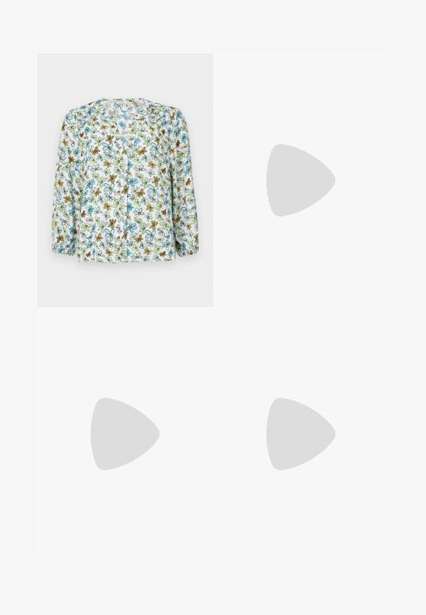 Floral button-up blouse in sheer white fabric, featuring blue and green flowers with brown accents. Long sleeves with gather detail at cuffs.; Navy pleated skirt with a wide waistband, made from a smooth fabric. Features vertical pleats and falls to mid-calf length.; Pink suede high-heel sandal with a block heel, open toe, and ankle strap featuring a gold buckle detail. Flat front strap.; Brown faux leather shoulder bag with curved shape, minimal stitching, and a gold-tone hardware accent. Features a top zipper closure and adjustable strap.