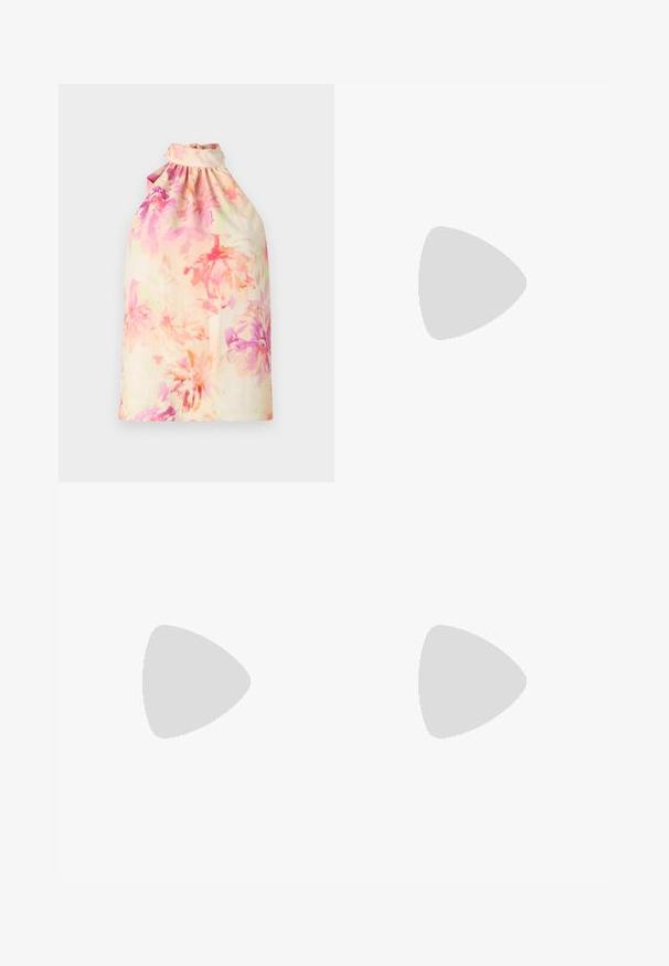 Ziedu raksta halter tops maigos pastel tonos, ar sakoptu kakla līniju un plūstošu audumu. Viegls raksts ar brīvu siluetu.; Platas kājas melnas bikses, izgatavotas no mīksta auduma. Aprīkotas ar jostu un priekšējiem krokām. Gluda tekstūra ar tīru, mūsdienīgu dizainu.; Melnas ādas augstpapēžu kurpes ar norādītu purngalu, potītes siksniņu un plānu papēdi. Gluda tekstūra ar zelta akcentu uz papēža pamatnes.; Zelta ķēdīšu auskari ar caurspīdīgu kristālu akcentiem, ar gravētu "GUESS" zīmolu un gludu apdari.