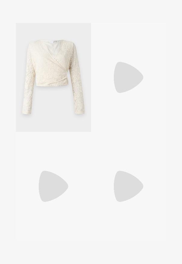 Kremfarget blonderwrap med lange ermer, v-hals og blomstermønster. Glatt innersøm, kort design fremhever blonderteksten.; Beige kordfløyelsbukser med løs passform, med strikk i livet, to frontlommer og vertikal ribbet tekstur.; Lys grå sneaker laget av semsket skinn og mesh, med tre hvite striper, rund tå og såle av gummi. Gull logo-aksent nær snørebåndene.; Grønn tanktop med blonderdetaljer ved skulderen og utringningen, med en tettsittende design og mykt stoff. Kombinert med lyse bukser.