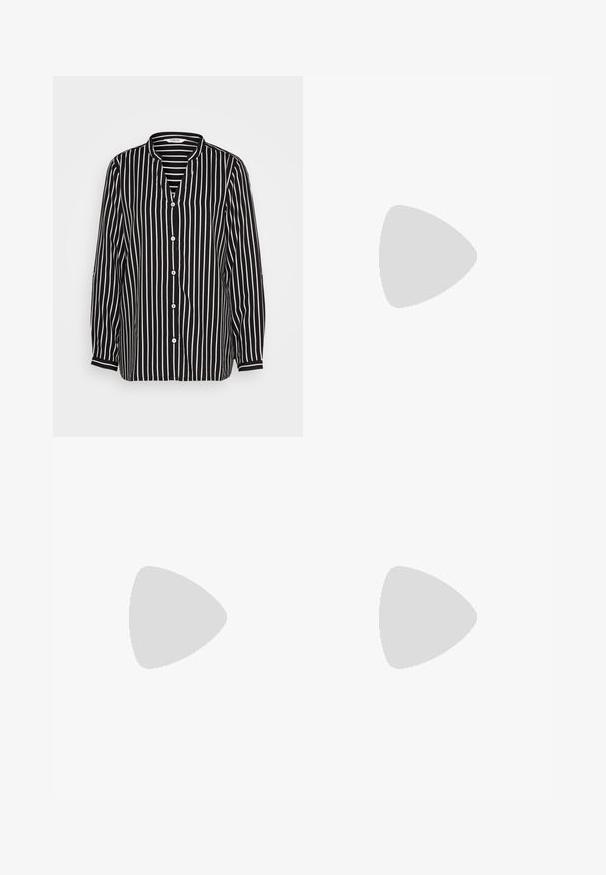 Black and white striped button-up shirt with a V-neck, long sleeves, and a relaxed fit. Features white buttons and contrasting cuffs.; Black wide-leg trousers with high waist, button details on waistband, and front pleats.; Black leather pump with a pointed toe and a low block heel. Features an ankle strap with a gold-tone buckle. Smooth texture.; Black leather tote bag with two long handles, a smooth texture, and a structured shape. Features a front pocket for additional storage.