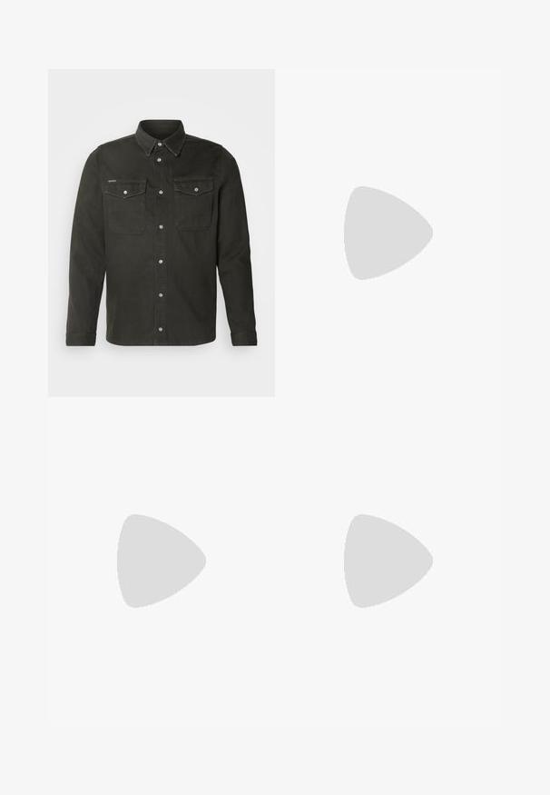 Dark green shirt made of rigid fabric featuring a pointed collar, two front pockets with flaps, and silver snap buttons.; Linen trousers in off-white with a drawstring waistband, slightly wide legs, and rolled cuffs for a relaxed fit. No pockets.; White leather sneaker with embossed pattern, textured white midsole, and black heel accent. Features rounded toe and flat laces.; Black sunglases with octagonal frame, dark lenses, glossy finish, thin temples, and gold accents on the front.