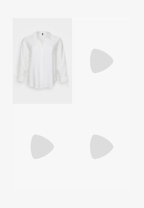 Chemise blanche à boutons réalisée en tissu léger, dotée d'un col, de manches longues avec des liens aux poignets et d'une coupe décontractée.; Pantalons en cuir synthétique noirs avec une coupe droite, dotés de passants de ceinture, de poches avant et d'une fermeture éclair avec bouton. Texture lisse.; Escarpins en cuir verni noir avec bout pointu et talon bloc géométrique. Présente un design élégant et minimaliste ainsi qu'une texture lisse.; Sac à main en cuir noir avec une forme courbée, bandoulière amovible et des accessoires en or. Le sac est doté d'un rabat avec un détail de boucle.