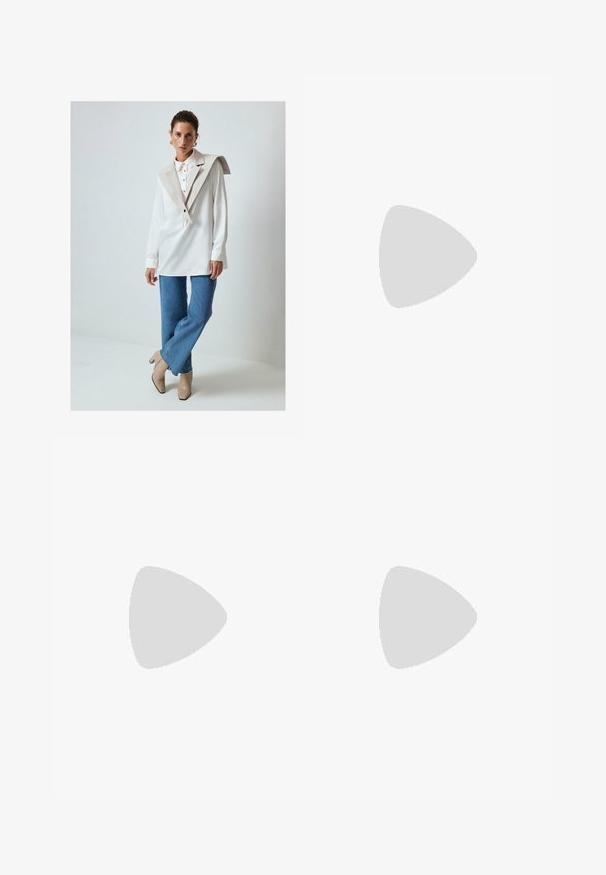 White long-sleeve shirt with a large beige collar and button details, paired with light blue flared jeans and beige heeled boots.; Black and white polka dot swim shorts with a drawstring waistband, featuring the number "93" on the front and a smooth, stretchy fabric.; White athletic shoes featuring a mesh upper with silver accents, a unique shape, and air cushioning in the heel. Laced design with logo.; Black rectangular glasses with clear lenses. Glossy finish, narrow arms, and purple tint visible at the edges of the lenses.