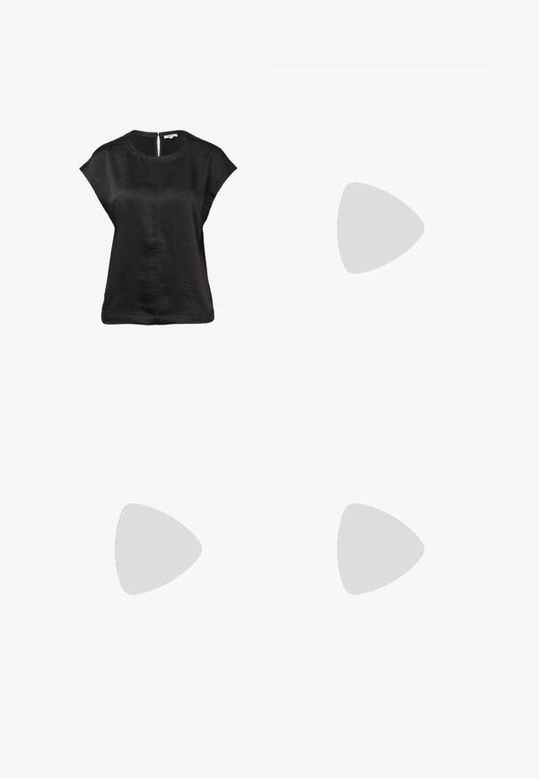 Black short-sleeve top with a round neckline, textured fabric, and a keyhole back detail. Features a straight hem and minimal stitching.; Black straight-leg trousers made from a smooth fabric, featuring a flat front, belt loops, and no visible pockets, with a tailored fit.; Black suede platform heels with a thick block heel, rounded toe, and ankle strap secured by a metal buckle. Smooth texture throughout.; Black leather wallet with a fold-over flap, gold hardware, featuring a logo accent. Includes a detachable strap for carrying.