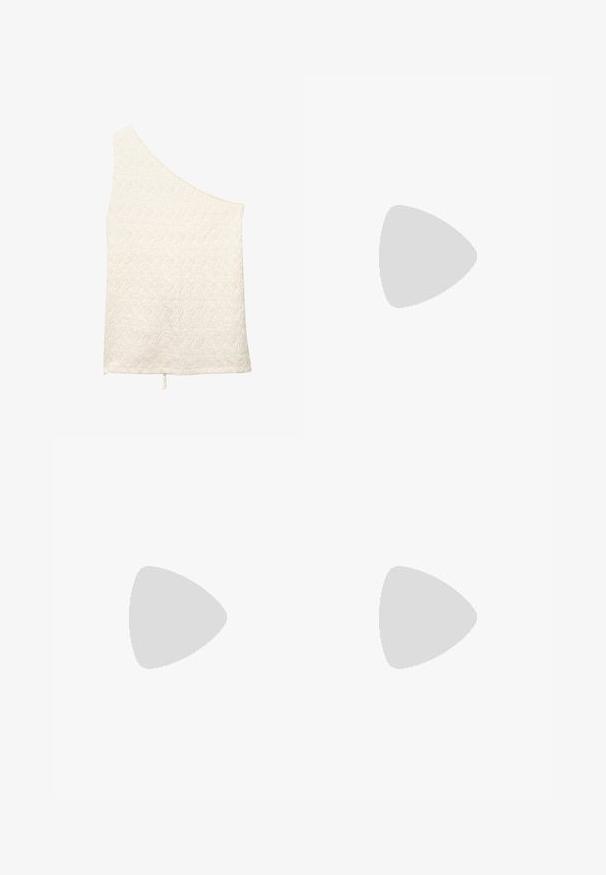 Top asimmetrico a spalla unica in tessuto beige testurizzato con sottile motivo a zigzag e un piccolo dettaglio con fiocco sull'orlo.; Pantaloni larghi beige realizzati in cotone morbido, dotati di una cintura e tasche laterali. Il tessuto presenta una texture liscia con risvolti piegati.; Sandalo bianco con tacco alto, caratterizzato da un design a cinturini e un legaccio alla caviglia. Texture liscia con una piattaforma frontale per un'altezza aggiuntiva.; Occhiali da sole in tartaruga con una montatura rotonda e voluminosa e lenti marroni. Presentano delicati motivi e bracci dritti e affusolati.