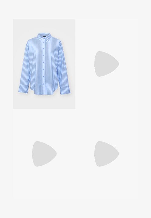 Gina Tricot Πουκαμίσα με κουμπιά - navy blazer; Λευκή ριγέ μπλούζα μακρυμάνικη με στρογγυλή λαιμόκοψη. Κατασκευασμένη από ελαστικό ύφασμα που αγκαλιάζει το σώμα. Διαθέτει διακριτές οριζόντιες γραμμές.; Μαύροι παντελόνες με φαρδύ πόδι και λευκές κάθετες ρίγες, διαθέτοντας ελαστική μέση για άνεση και λεία, μαλακή υφή.; Δερμάτινα παπούτσια με τακούνι block σε γυαλιστερό σκούρο μπορντώ χρώμα, με λουράκι που κλείνει με αγκράφα και στρογγυλή μύτη. Υφή στην σόλα για καλύτερη πρόσφυση.