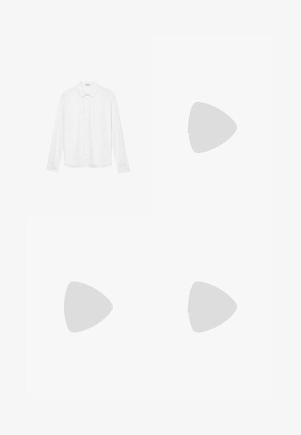 Camicetta bianca a maniche lunghe con colletto, sette bottoni sulla parte frontale e polsini abbottonati, esposta su uno sfondo bianco.; Jeans blu chiaro con vestibilità rilassata, gamba ampia e sezioni sbiadite. Realizzati in denim con un classico design a cinque tasche e chiusura con bottone in alto.; Infradito neri con suola in gomma testurizzata, due cinghie sottili e un sottile dettaglio del logo impresso sulla cinghia.; Occhiali in tartaruga con lenti ovali e una finitura liscia e elegante. Presentano aste sottili con una leggera curva alle tempie. Lenti trasparenti.
