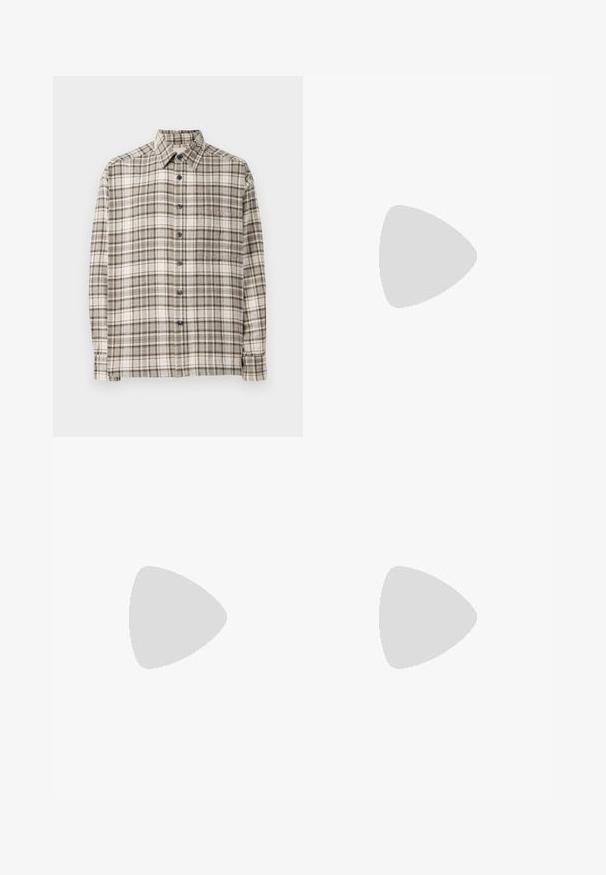 Checkered button-up shirt in beige and gray with blue buttons. Features long sleeves, collar, and a relaxed fit. Made of soft fabric.; Light blue high-waist straight-leg jeans with front button, zipper closure, belt loops, and five-pocket design on white background.; Black leather loafers with a smooth finish, featuring a front strap detail and a chunky rubber sole with grooved accents.; Tortoiseshell sunglasses with dark lenses, square frame, and silver accent studs on the front. Made of plastic, lightweight and durable.