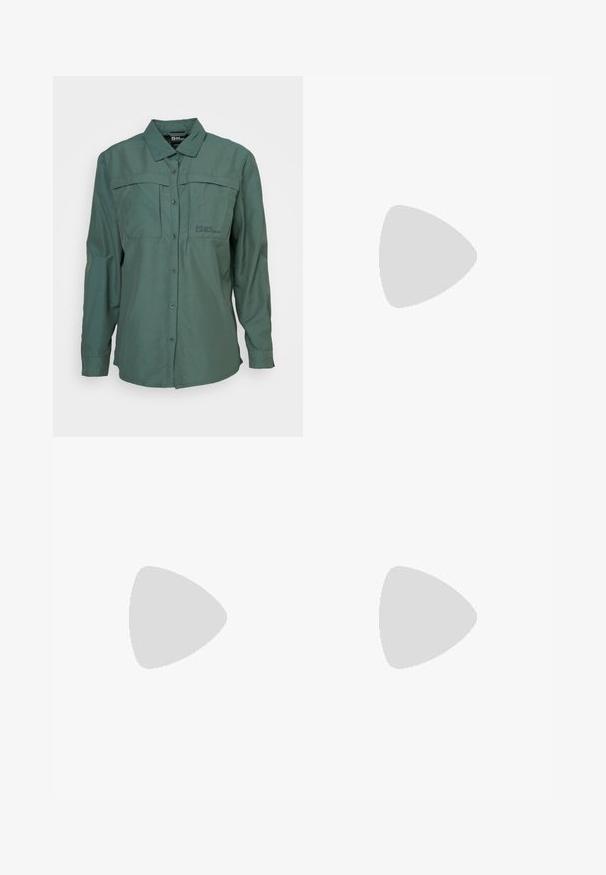 Long-sleeve button-up shirt in dark green, made of lightweight fabric. Features two chest pockets and a collar, with logo on the left side.; Navy wide-leg trousers featuring an elastic waistband, two side pockets, and a smooth, woven texture. No visible patterns or hardware details.; Black knee-high rubber boots with a chunky sole, textured grip, and a fabric pull tab at the top for easy wear. Smooth, matte finish.; Blue leather handbag with a rounded shape, single shoulder strap, zip closure, and embossed brand name on the front. Smooth texture.