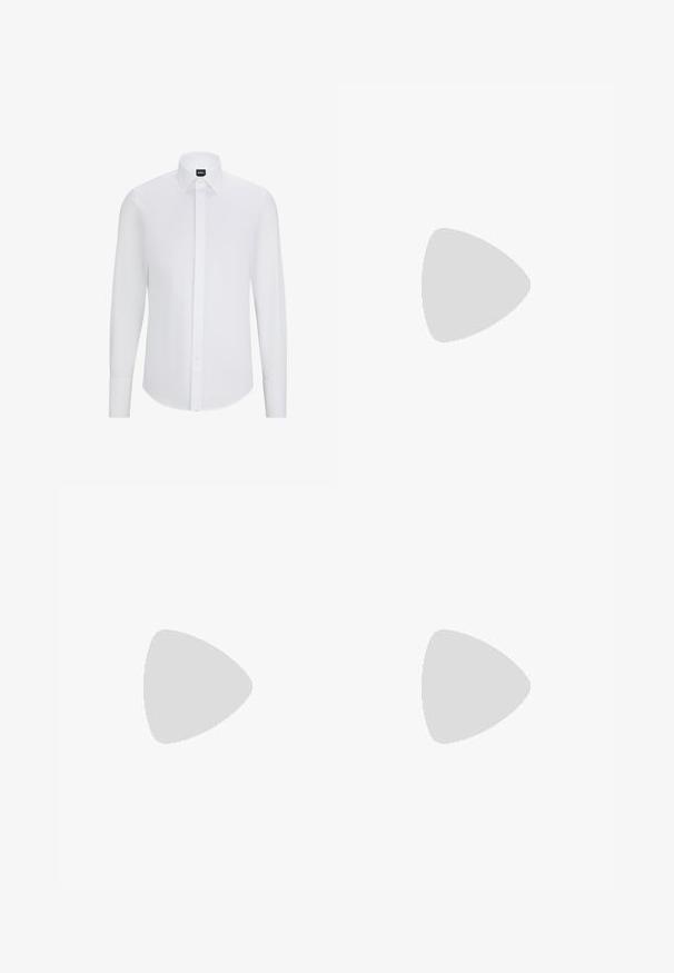 White long-sleeve button-up shirt with a pointed collar, made of smooth fabric, featuring a front placket and rounded hem.; Black trousers made of smooth fabric, featuring a straight-leg design, two front pleats, and standard waistband with belt loops.; Black leather ankle boot with a pointed toe, elastic side panels, vertical stitching accents, and a low block heel.; Black rectangular sunglasses with dark lenses, a smooth plastic frame, and a subtle logo on the left arm. Minimalist design.