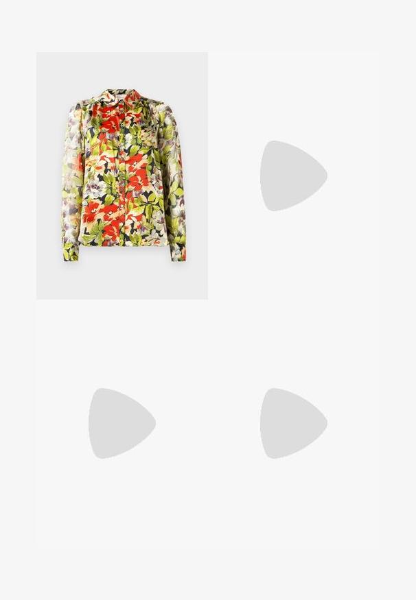 Floral blouse with a collar, long sleeves, and button-up front. Features red, green, and purple floral patterns on a light background.; Blue denim flared jeans with a high waist, featuring five pockets, a silver button closure, and visible stitching accents.; Paul Smith TOPANGA - Ballet pumps - black; Navy leather handbag with two long handles, a buckle detail, and a keychain attached. Features a smooth texture and a rectangular shape.