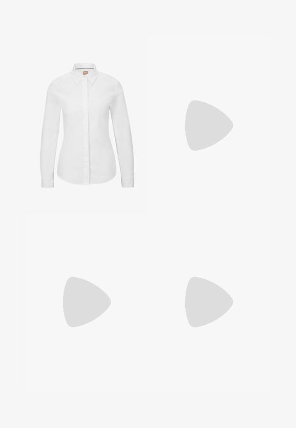 White long-sleeve button-up shirt in crisp cotton fabric with a classic collar, front placket, and tailored fit. Smooth texture, no patterns.; Black wide-leg trousers with two front pleats, elastic waistband, and side zippers for detail. Smooth texture and minimalist design.; Black leather pump with a pointed toe and a chunky square heel. Smooth texture, simple design, suitable for formal settings.; Black leather handbag with a triangular shape, a slim strap, and silver hardware. Features a zip closure and embossed logo on the front.