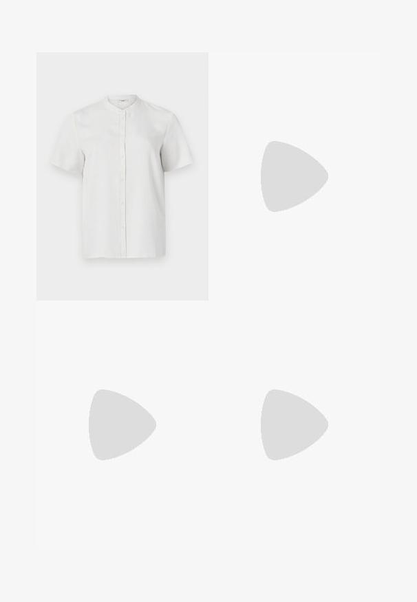 Short-sleeve white button-up shirt with a stand collar, smooth texture, and front buttons, featuring a simple, clean design.; Black wide-leg trousers with a smooth fabric, featuring a high waist, tailored seams, and a minimalist design. No visible hardware or pockets.; Pale pink slingback flats with a pointed toe, made from a smooth leather-like material. Features cut-out details at the sides and a flat heel.; White leather handbag with dual handles and a detachable strap, featuring a front zip pocket and smooth texture. Carrying on a person's arm.
