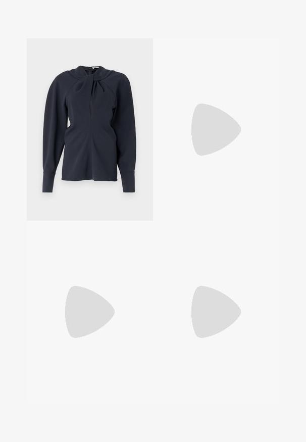 Navy long-sleeve top with folded collar, front zip closure, and structured shoulders. Smooth fabric with minimal texture.; Light blue denim flared jeans with five pockets, belt loops, button closure, and a slightly faded texture, featuring a red logo detail on the back.; Black leather ballet flat with a rounded toe, smooth texture, minimal stitching detail, and a flexible sole design.; HUGO KREIT ECLIPSE EARRINGS - Earrings - gold-coloured