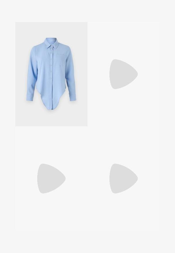 Lys blå langermet skjorte med avrundet nederkant, knappestolpe, kragehals og lomme på venstre bryst. Myk tekstur med subtil glans.; Mørkeblå denim bermudashorts med snor i livet, med standard beltehemper og synlig sømdetaljer.; Hvit høy-skinn kanvas sneakers med svart gummisåle, gummitåhette foran og seks hull for snorer, med et rent, minimalistisk design.; Rød lærveske med en vinklet, geometrisk design. Har en enkelt justerbar stropp og en klaffelukking med sydd detaljer.