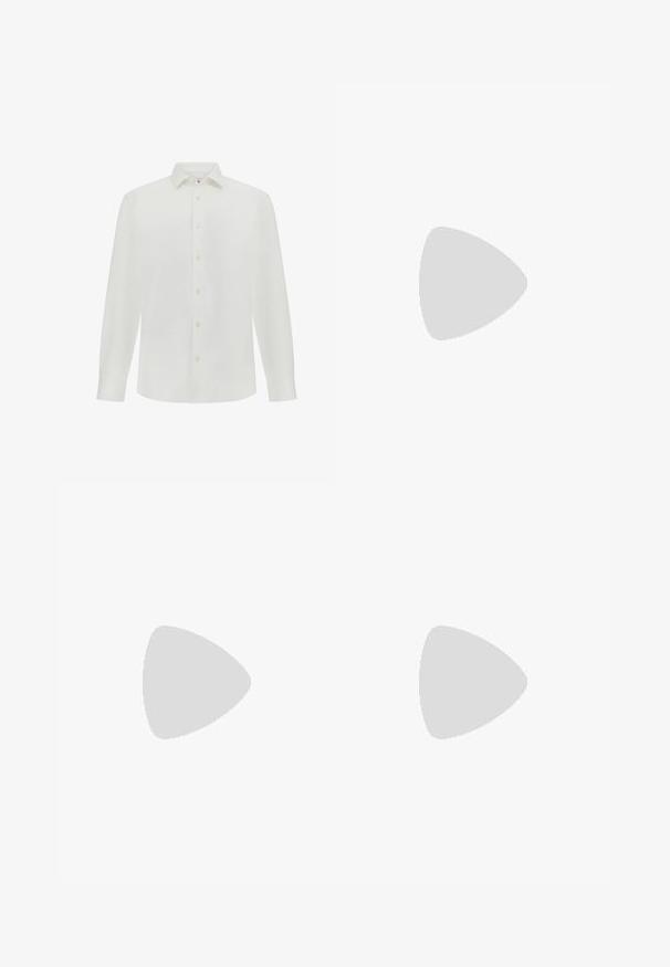 Camicia bianca a maniche lunghe realizzata in tessuto leggero. Presenta un colletto a punta, una chiusura frontale con bottoni e un design semplice senza motivi o accenti.; Pantaloni neri con design a pieghe sul davanti, realizzati in tessuto morbido. Presentano una chiusura con bottone e passanti per cintura; vestibilità a gamba dritta.; Sneaker bianco in pelle con chiusura a lacci, superficie testurizzata e una robusta suola in gomma bianca con un bordo seghettato per migliorare la presa.; Occhiali da sole con montatura in metallo e lenti verdi ovali. Montatura sottile in metallo argento e terminali neri. Design minimalista, senza loghi visibili.