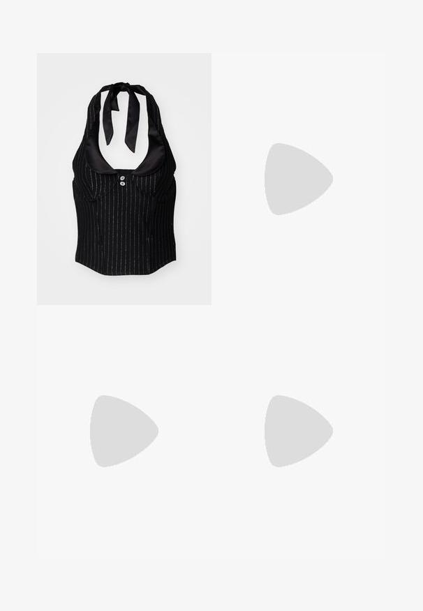 Black halter neck top with satin neckline, pinstriped design, front buttons, and a fitted shape. Features ties at the back of the neck.; Urban Classics LOOSE  - Relaxed fit jeans - dirty washed; Beige lightweight sneakers with mesh and suede panels, textured sole, rounded toe, and contrasting accents on the upper.; Black rectangular sunglasses with dark lenses, featuring gold GG logo on the side. Made of glossy plastic with straight temple arms.; Steve Madden GLOWING - Cross body bag - black