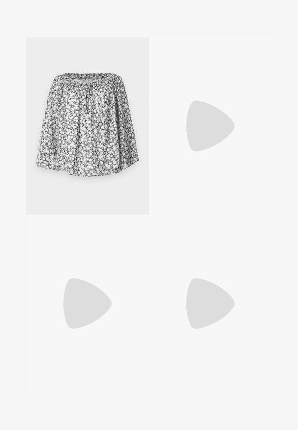 Blomstrete bluse med et svart og hvitt mønster, med avslappet passform, elastisk halslinning og korte ermer. Lett stoff gir god ventilasjon.; Mørkeblå flagrende jeans laget av denim. Har høy midje, frontlommer og splittdetaljer ved kanten. Klassisk femlommers design.; Svart skinnballettflatt med rund tå, glatt tekstur, minimal sømdetalj, og et fleksibelt såledesign.; Brun teksturert lær crossover-veske med gullkjede-stropp og klaffelukking. Fronten har logo-detalj og en lomme under klaffen.