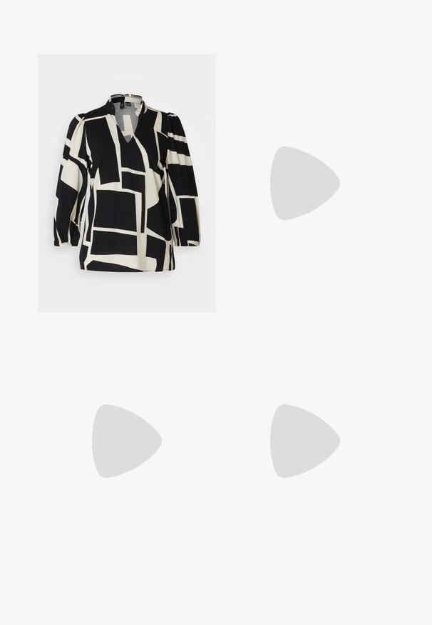 Blusa nera e crema con un motivo a blocchi geometrici, scollo a V profondo e maniche a sbuffo, realizzata in tessuto leggero.; Gonna midi nera in satin con un design elegante, caratterizzata da un leggero svaso all'orlo e uno spacco laterale per facilitare i movimenti. Texture liscia.; Stivale alla caviglia in pelle nera con punta appuntita e tacco a blocco. Texture liscia, design minimalista e silhouette alta.; Orecchini a cerchio in argento con una finitura liscia e lucente. Forma arrotondata, design leggero, con chiusura a perno.